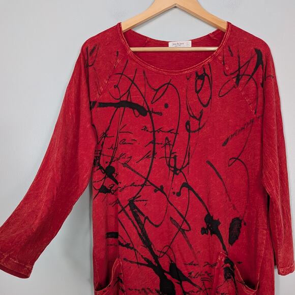 Jess Jane Tunic Top Tee L Red Artsy Flowy Lagenlook Pocket Abstract Maximalist - Picture 2 of 9